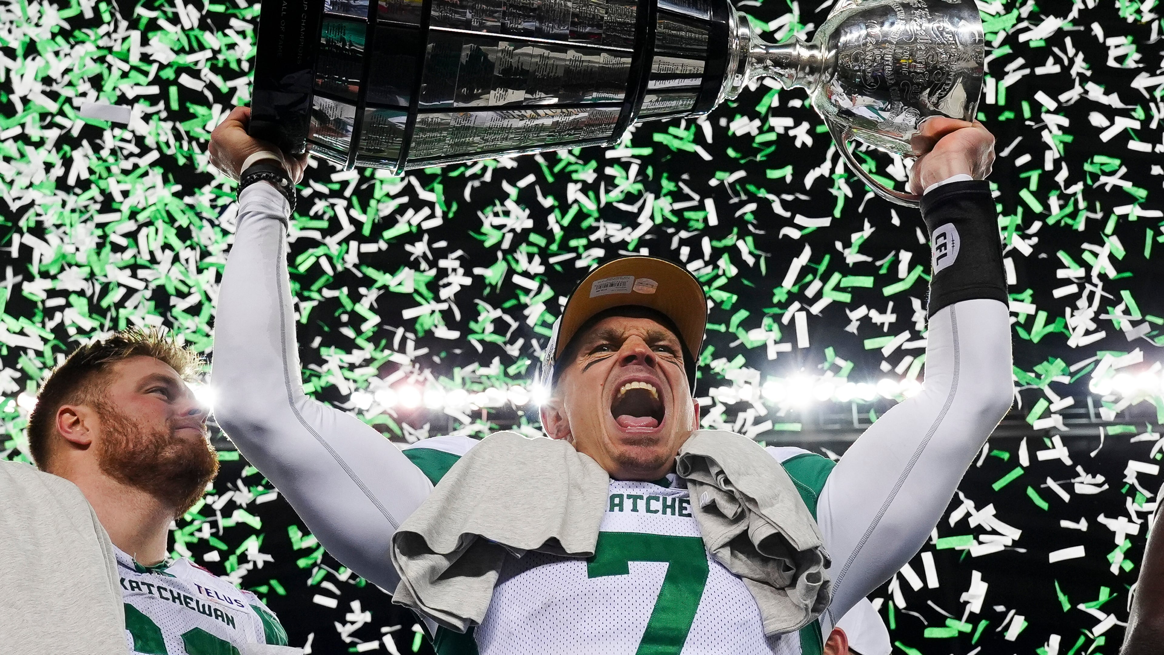 Saskatchewan Roughriders quarterback Trevor Harris (7) celebrates his team's win over the Montreal Alouettes in the CFL Grey Cup football game in Winnipeg, Manitoba, Sunday, Nov. 16, 2025. (Frank Gunn/The Canadian Press via AP)