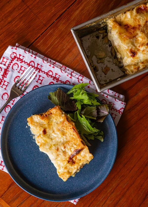 A loaf pan is the ideal vessel for this smaller vegetarian lasagna. (Aaliyah Man for the AJC/food styling by Kate Williams)