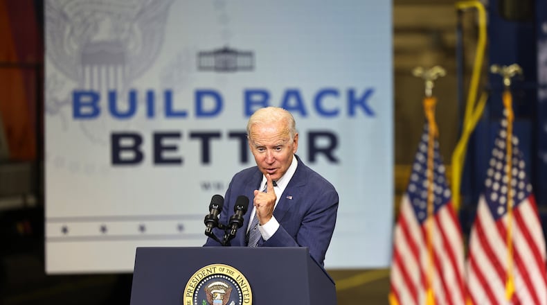 U.S. President Joe Biden gives a speech on his Bipartisan Infrastructure Deal and Build Back Better agenda on Oct. 25, 2021 in Kearny, New Jersey. Build Back Better was eventually reframed and refocused as the Inflation Reduction Act. The legislation was not only fully paid for, but it left money on the table for deficit reduction, with no gimmicks, as scored by the Congressional Budget Office. (Michael M. Santiago/TNS 2022)