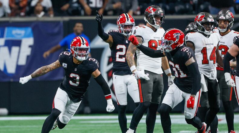 Atlanta Falcons safety Jessie Bates III reacts after recovering a fumble during the second quarter of an NFL football game against the Tampa Bay Buccaneers on Thursday, October 3, 2024, at Mercedes-Benz Stadium in Atlanta.
(Miguel Martinez/ AJC)