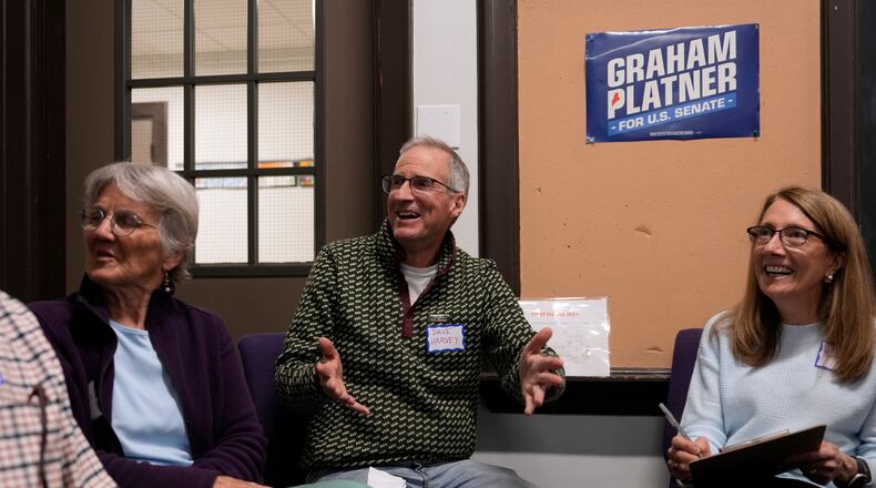 Dave Harvey participates in a trivia night for supporters of U.S. Senate candidate Graham Platner, Thursday, March 26, 2026, in Kittery, Maine. (AP Photo/Robert F. Bukaty)