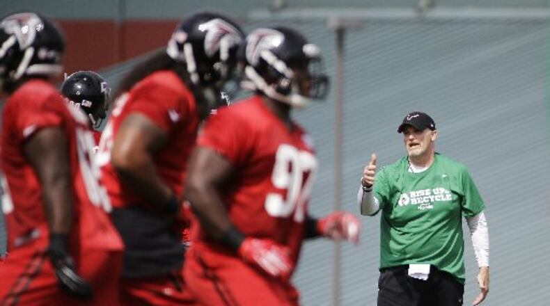 Falcons coach Dan Quinn has been spending a lot of time in training camp with the team’s defensive linemen. (AP photo)