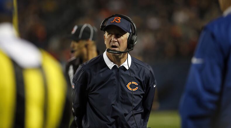 Chicago Bears head coach John Fox talks on his headset during the first half of an NFL preseason football game against the Cleveland Browns, Thursday, Aug. 31, 2017, in Chicago. (AP Photo/Nam Y. Huh)