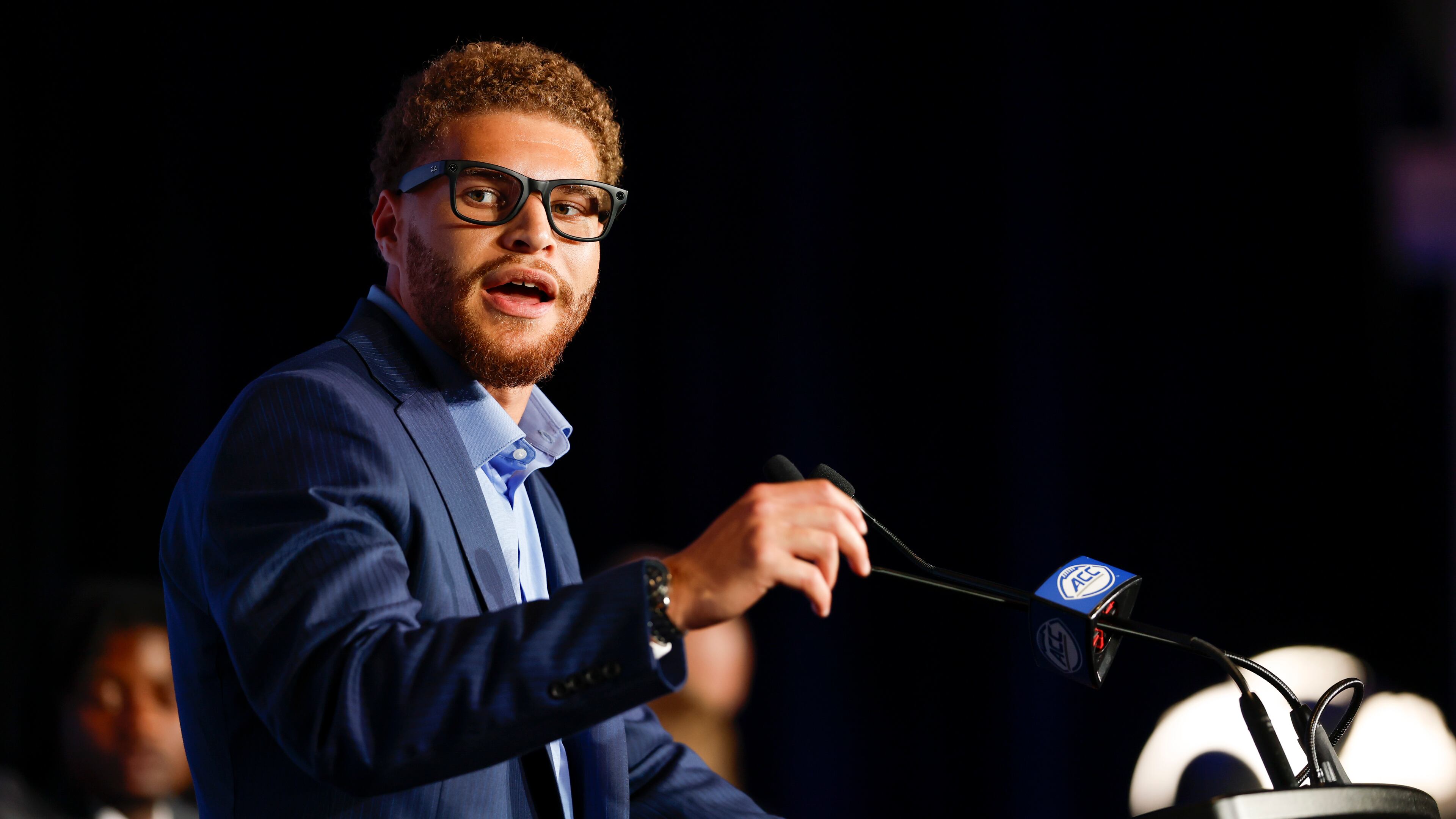 Georgia Tech linebacker Kyle Efford, who missed the Yellow Jackets' Birmingham Bowl appearance with a labrum injury in his shoulder, speaks to the media Wednesday at ACC Kickoff in Charlotte, North Carolina. (Neil Redmond/ACC)