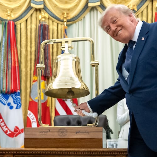 President Donald Trump rings the opening bell for the New York Stock Exchange and the Nasdaq in the Oval Office at the White House, Monday, July 6, 2026, in Washington. (AP Photo/Mark Schiefelbein)