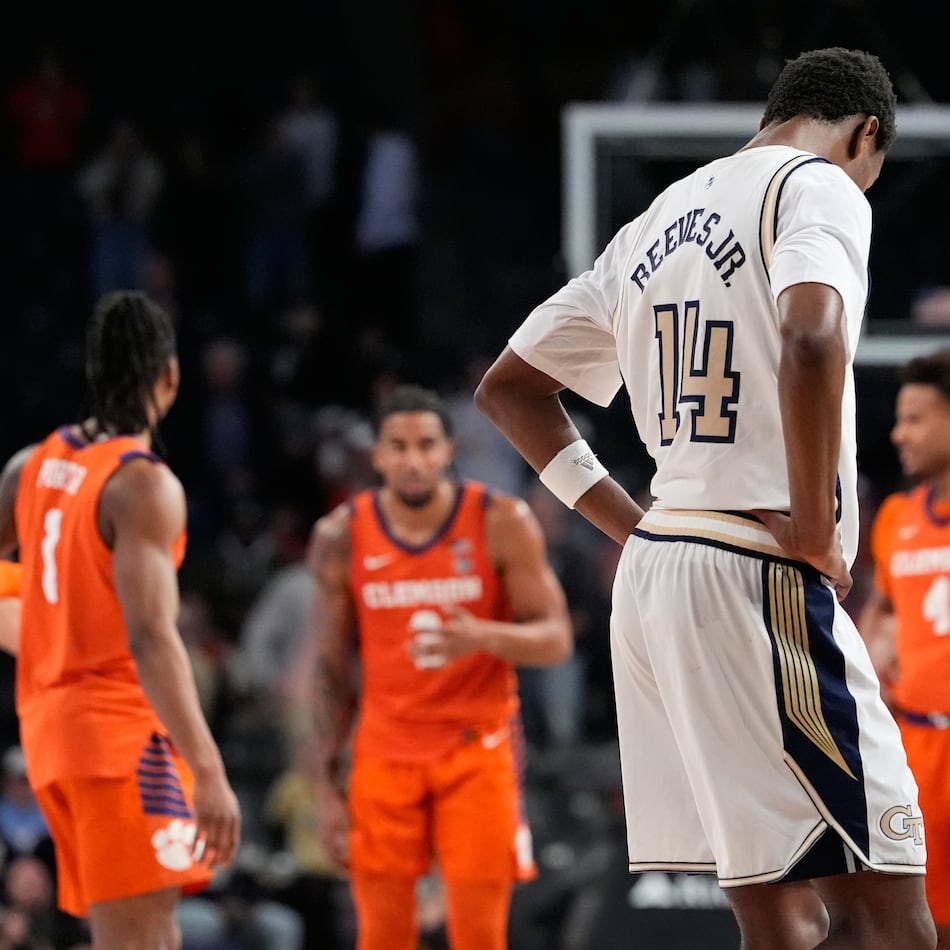 Georgia Tech forward Kowacie Reeves Jr. reacts after a loss during the second half of an NCAA college basketball game against Clemson, Saturday, Jan. 24, 2026, in Atlanta. (Brynn Anderson/AP)