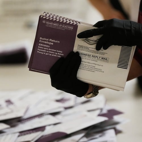 Department of Elections workers sort mail-in ballots for the California primary election at City Hall on Tuesday, June 2, 2026, in San Francisco. (AP Photo/Jeff Chiu)