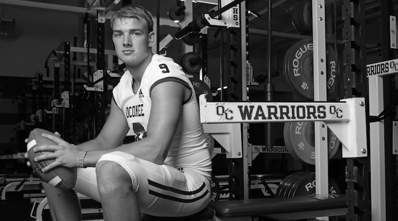 Oconee County High School tight end Jake Johnson comes from a family of football players. His father Brad Johnson helped the Tampa Bay Buccaneers win Super Bowl XXXVII in 2003 and Jake’s brother Max Johnson is a quarterback for LSU. However, Jake is absolutely making a name for himself in the game. Jake, who is selected in the 2021 class of The Atlanta Journal-Constitution’s Super 11, is the No. 7 senior prospect at any position and the No. 1 TE prospect nationally, according to 247Sports. (Tyson Alan Horne / Tyson.Horne@ajc.com)