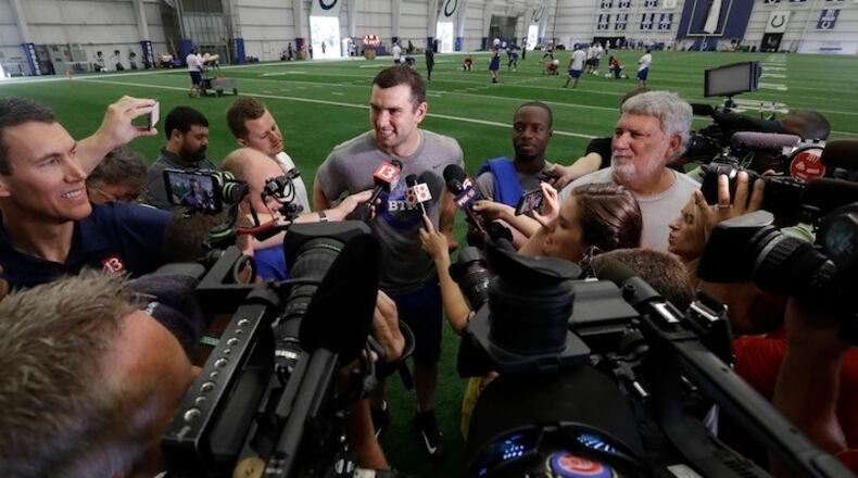 Indianapolis Colts quarterback Andrew Luck responds to questions during a news conference at the NFL football team's minicamp Tuesday, June 13, 2017, in Indianapolis. (AP Photo/Darron Cummings)