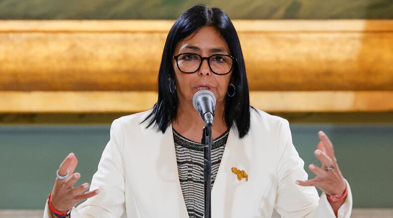 Venezuelan acting President Delcy Rodriguez speaks during a meeting with U.S. Energy Secretary Chris Wright at Miraflores presidential palace in Caracas, Venezuela, Wednesday, Sept. 2, 2026. (AP Photo/Pedro Mattey)