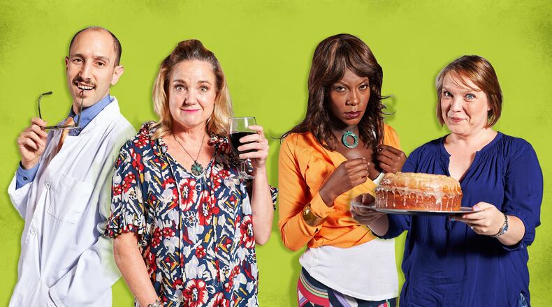 Andrew Benator (from left), Lala Cochran, Drea Lewis and Kerrie Seymour star in Aurora Theatre’s “Women in Jeopardy.” Photo by Chris Bartelski