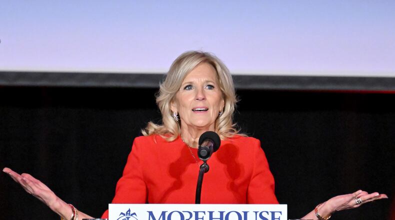 First Lady Jill Biden speaks during Morehouse School of Medicine’s 2024 Women’s Heart Healthy Luncheon at the Georgia Aquarium, Wednesday, February 7, 2024, in Atlanta. (Hyosub Shin / Hyosub.Shin@ajc.com)