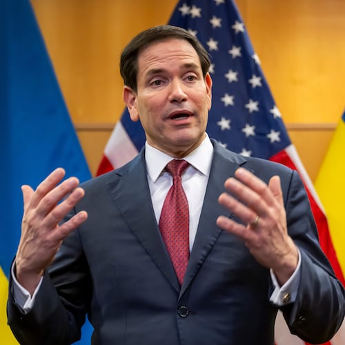 U.S. Secretary of State Marco Rubio talks to the press at the U.S. Mission to International Organizations in Geneva, Switzerland, Sunday, Nov. 23, 2025. (Martial Trezzini/Keystone via AP)