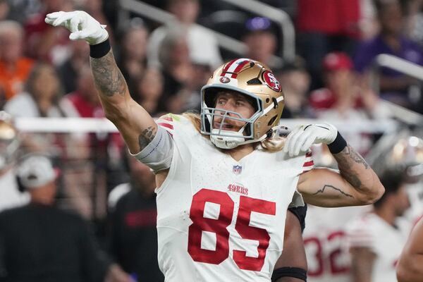 FILE - San Francisco 49ers tight end George Kittle (85) reacts after a catch during an NFL preseason football game against the Las Vegas Raiders, Friday, Aug 23, 2024, in Las Vegas. (AP Photo/Rick Scuteri, File)