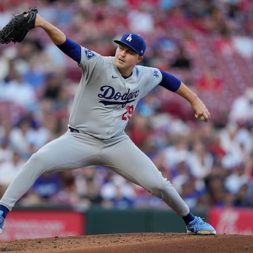 Los Angeles Dodgers pitcher Tarik Skubal throws during the second inning of a baseball game against the Cincinnati Reds, Monday, Sept. 14, 2026, in Cincinnati. (AP Photo/Carolyn Kaster)