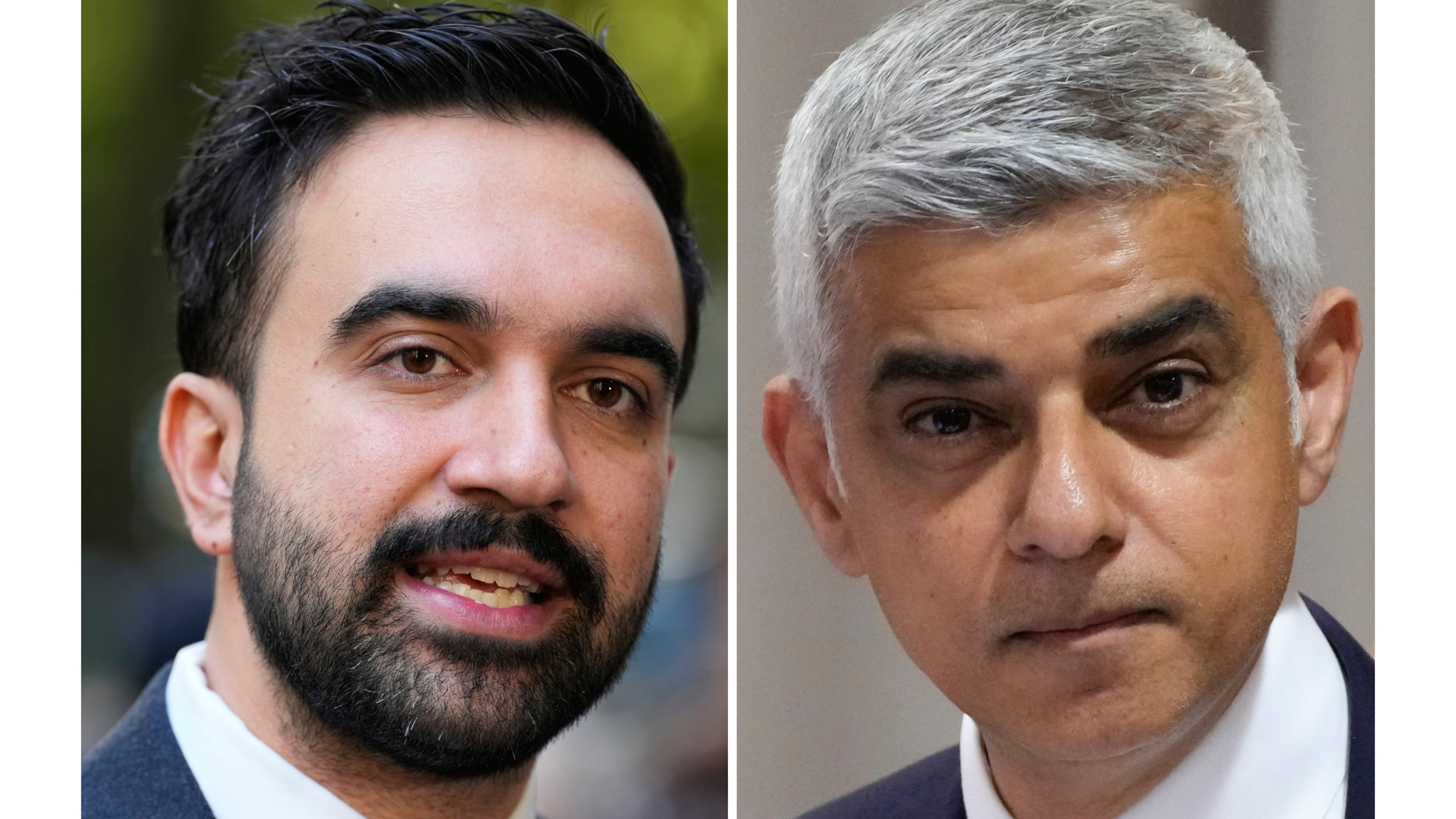 FILE - This photo combination shows New York City mayor-elect Zohran Mamdani in New York, Oct. 27, 2025 and London Mayor Sadiq Khan at The Vatican, May 16, 2024. (AP Photo/Seth Wenig, Gregorio Borgia)