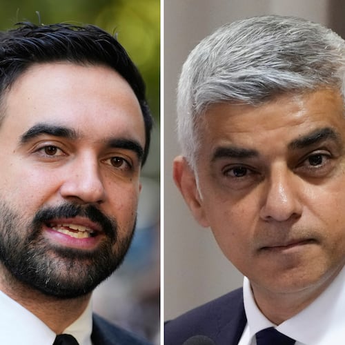 FILE - This photo combination shows New York City mayor-elect Zohran Mamdani in New York, Oct. 27, 2025 and London Mayor Sadiq Khan at The Vatican, May 16, 2024. (AP Photo/Seth Wenig, Gregorio Borgia)
