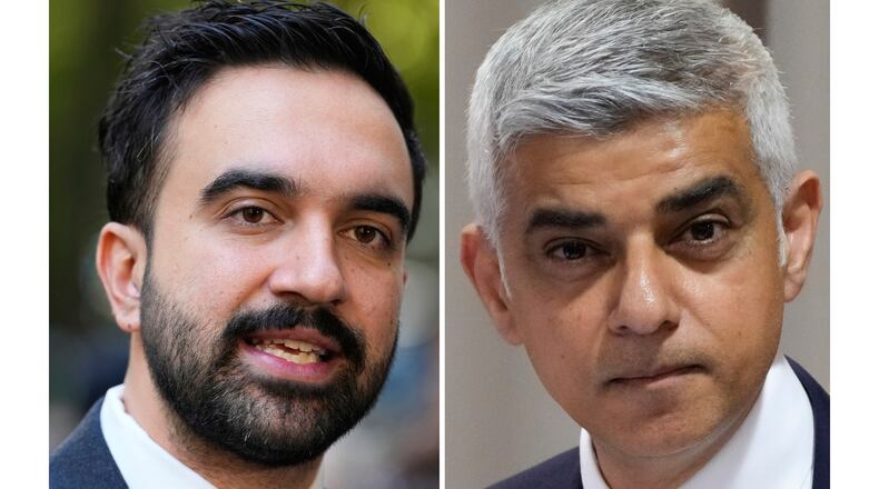 FILE - This photo combination shows New York City mayor-elect Zohran Mamdani in New York, Oct. 27, 2025 and London Mayor Sadiq Khan at The Vatican, May 16, 2024. (AP Photo/Seth Wenig, Gregorio Borgia)