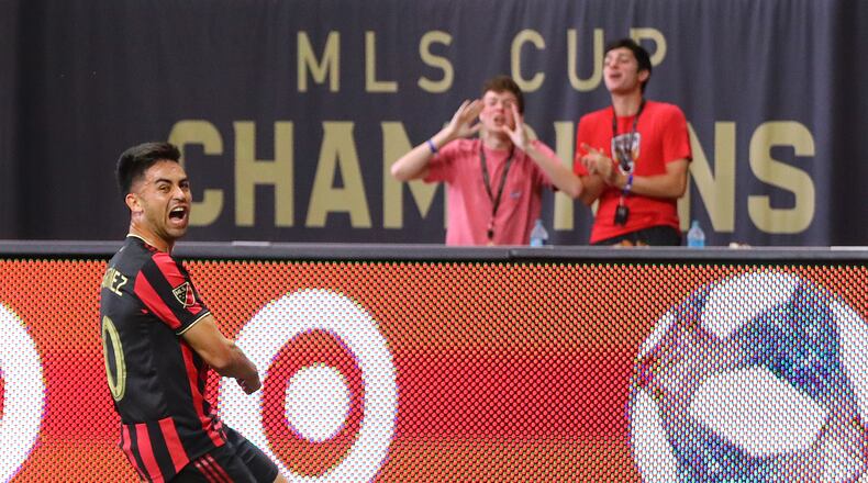 May 12, 2019 Atlanta: Atlanta United midfielder Pity Martinez reacts to scoring a goal against Orlando City for a 1-0 lead in a MLS soccer match on Sunday, May 12, 2019, in Atlanta. Curtis Compton/ccompton@ajc.com