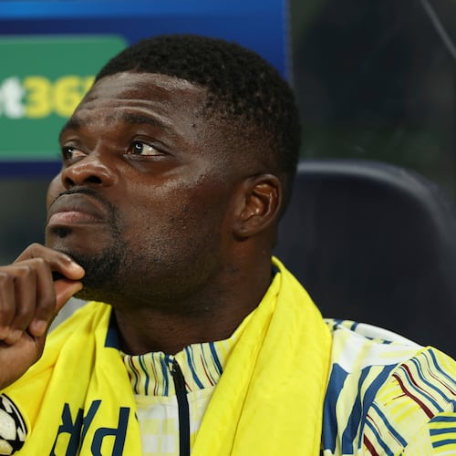 FILE - Villarreal's Thomas Partey sits on the bench during the Champions League soccer match between Tottenham and Villarreal in London, Tuesday, Sept. 16, 2025. (AP Photo/Ian Walton, File)