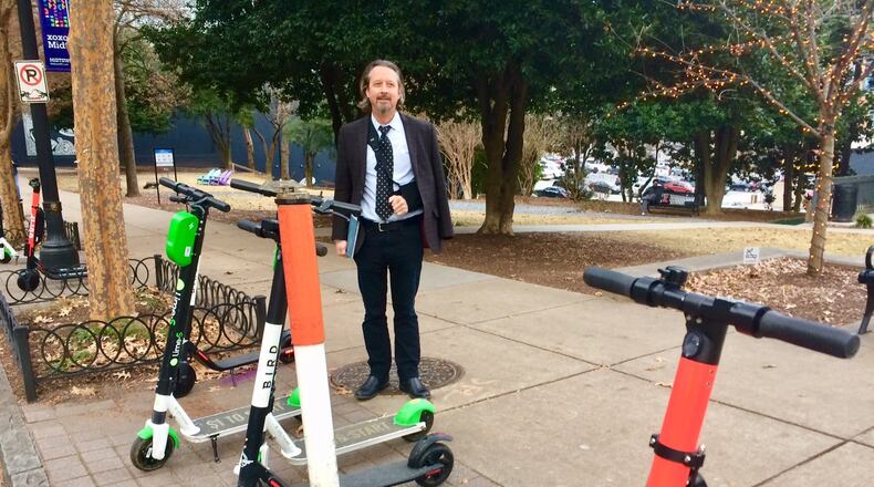 Kevin Green, president of the Midtown Alliance, bears witness daily to the spread of electric-scooter mania in Atlanta. (He broke his shoulder falling from a device that wasn’t an e-scooter.)