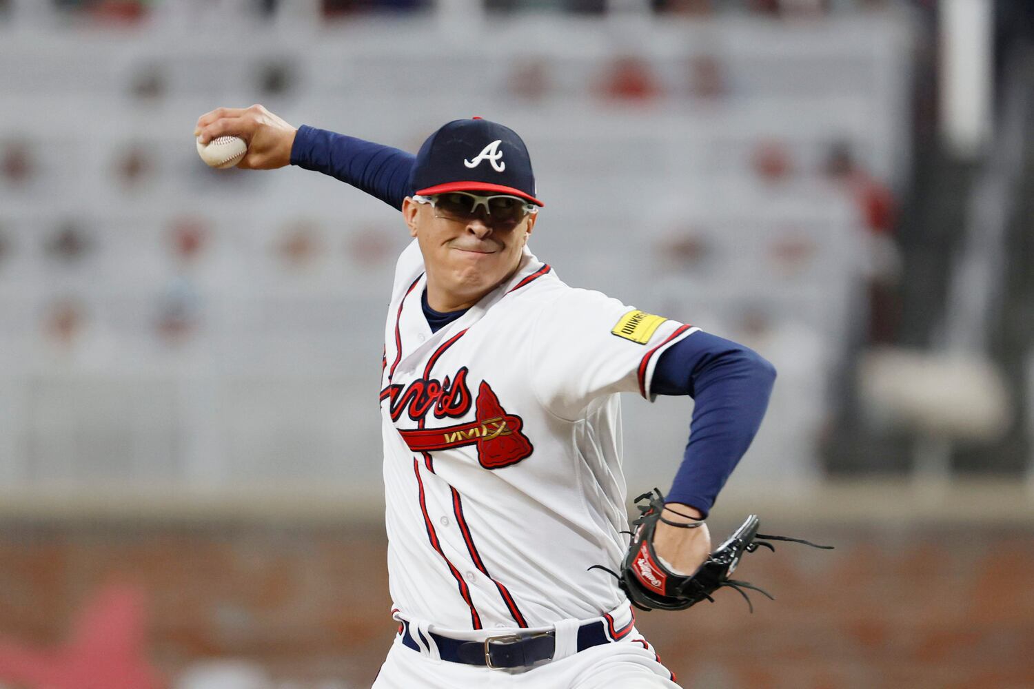 Reliever Jesse Chavez delivers to a Mets batter during the ninth inning at Truist Park on Thursday, June 8, 2023, in Atlanta. Miguel Martinez / miguel.martinezjimenez@ajc.com 