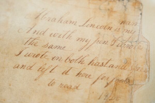 A page that shows the earliest known example of Abraham Lincoln's handwriting is on display at Freeman's | Hindman in West Loop, Chicago, May 15, 2025. (Pat Nabong/Chicago Sun-Times via AP)