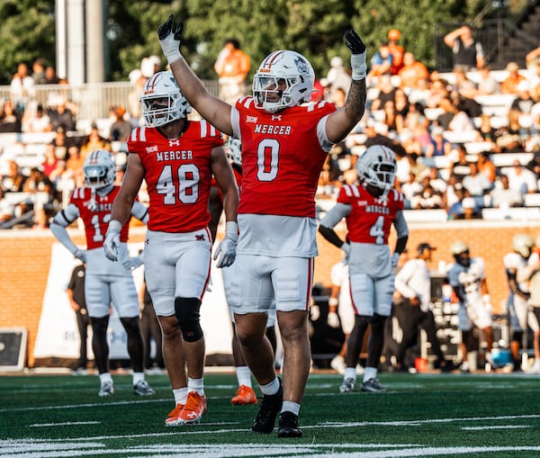 Mercer's Andrew Zock (center) has 10 sacks and 15 tackles for a loss this season. (Courtesy of Mercer)