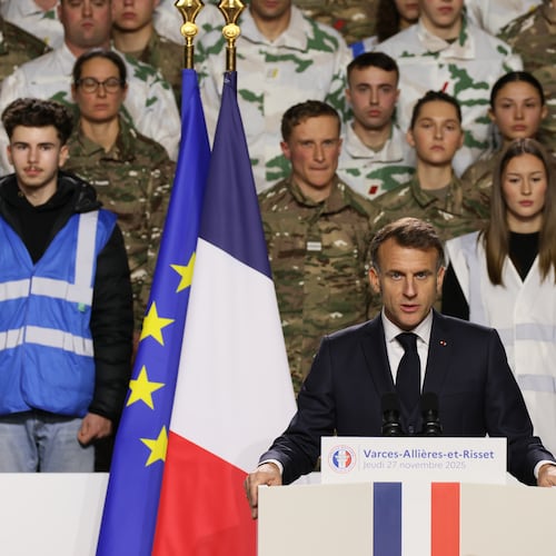 France's President Emmanuel Macron, unveils a new national military service as he speaks to the army at the military base in Varces, French Alps, Thursday, Nov. 27, 2025.(AP Photo/Thomas Padilla, Pool)