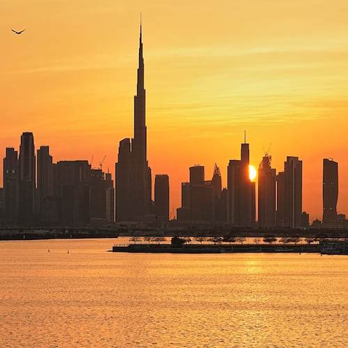 FILE - The skyline of Dubai, United Arab Emirates, March 11, 2026, with the Burj Khalifa at center. (AP Photo/Fatima Shbair, File)