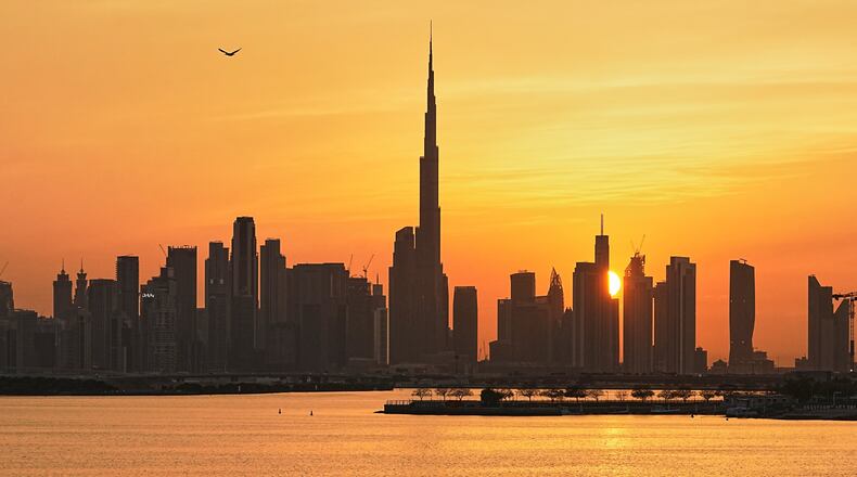 FILE - The skyline of Dubai, United Arab Emirates, March 11, 2026, with the Burj Khalifa at center. (AP Photo/Fatima Shbair, File)