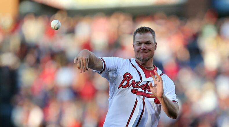 Longtime third baseman Chipper Jones threw the ceremonial pitch before the Braves season opener against the Philadelphia Phillies at Turner Field in April.