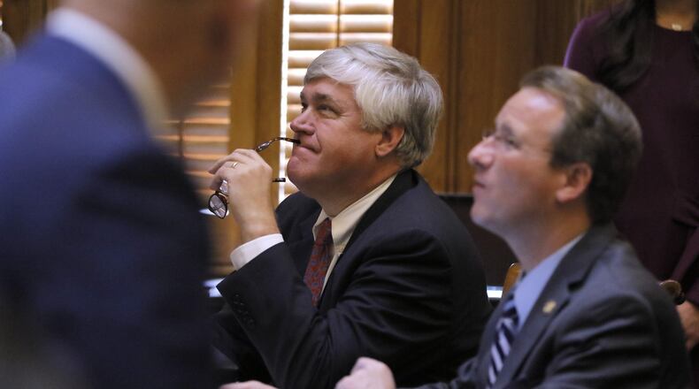 Mar. 1 2017 - Atlanta - Senate Majority Leader Bill Cowsert, R-Athens, who sponsored SB 1, watches the votes come in. The Georgia Senate backed a measure Wednesday that broadly rewrites the state’s domestic terrorism law, giving the state attorney general more power to prosecute alleged terrorists and creating a separate Homeland Security agency. The 27th legislative day of the 2017 Georgia General Assembly. BOB ANDRES /BANDRES@AJC.COM