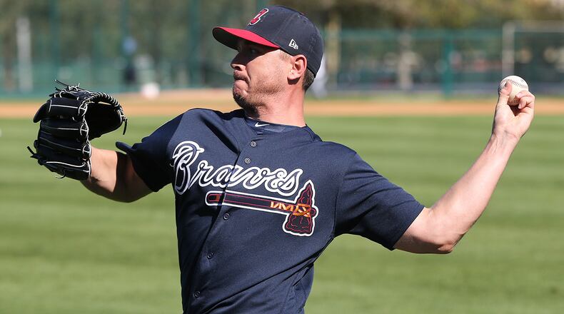 Feb 17, 2018 Lake Buena Vista: Braves pitcher Scott Kazmir loosens up his arm on Saturday, Feb 17, 2018, at the ESPN Wide World of Sports Complex in Lake Buena Vista.     Curtis Compton/ccompton@ajc.com