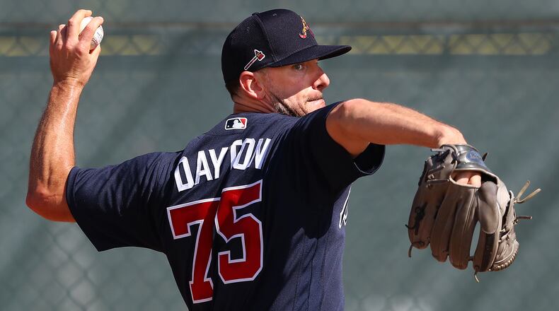 Braves pitcher Grant Dayton works from the mound Sunday, Feb. 16, 2020, at spring training camp at CoolToday Park in North Port, Fla.
