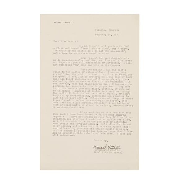 Author Margaret Mitchell was bowled over at the success of her novel "Gone with the Wind," and when thousands of people asked her to sign their books, she would politely decline, often typing a letter like this, valued at $1,500 to $2,000. Courtesy of Bonhams.