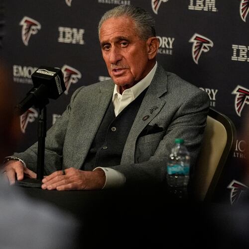 Atlanta Falcons Owner Arthur Blank speaks during a news conference, Thursday, Jan. 8, 2026, in Atlanta. (AP Photo/Mike Stewart)