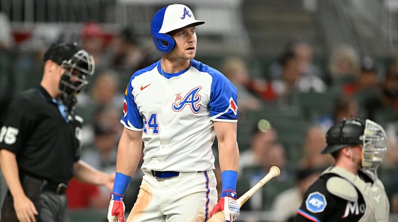 Atlanta Braves outfielder Jarred Kelenic reacts to striking out during the seventh inning of a baseball game at Truist Park on Saturday, April 5, 2025, in Atlanta. The Miami Marlins won 4-0 over the Braves. (Hyosub Shin/AJC)