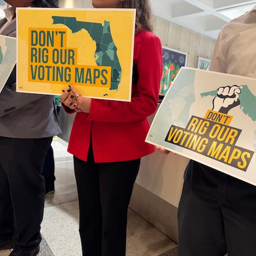 Opponents of mid-decade efforts to redraw congressional voting districts gather to protest in the Florida Capitol in Tallahassee, Fla., Dec. 2, 2025. (AP Photo/Kate Payne)