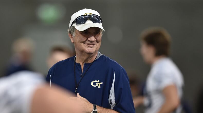 March 28, 2016 Atlanta:  Georgia Tech head coach Paul Johnson during the first day of  Spring football practice  Monday March 28, 2016. BRANT SANDERLIN/BSANDERLIN@AJC.COM