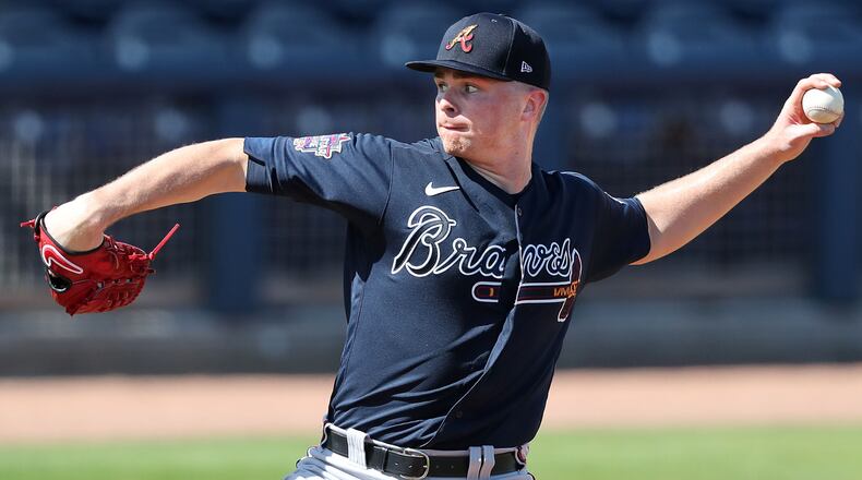 Atlanta Braves pitcher Sean Newcomb delivers against the Tampa Bay Rays during the third inning Sunday, Feb. 28, 2021, at Charlotte Sports Park in Port Charlotte, Fla. (Curtis Compton / Curtis.Compton@ajc.com)