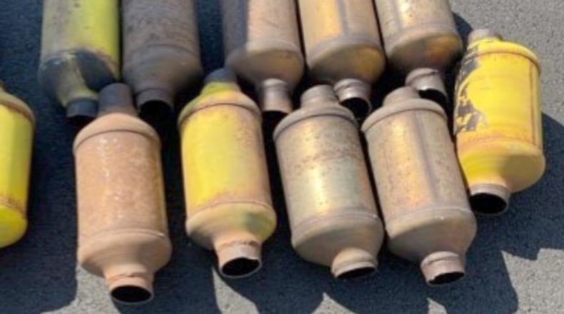 An East Point man attempted to steal these catalytic converters from delivery trucks, according to the Forsyth County Sheriff's Office.