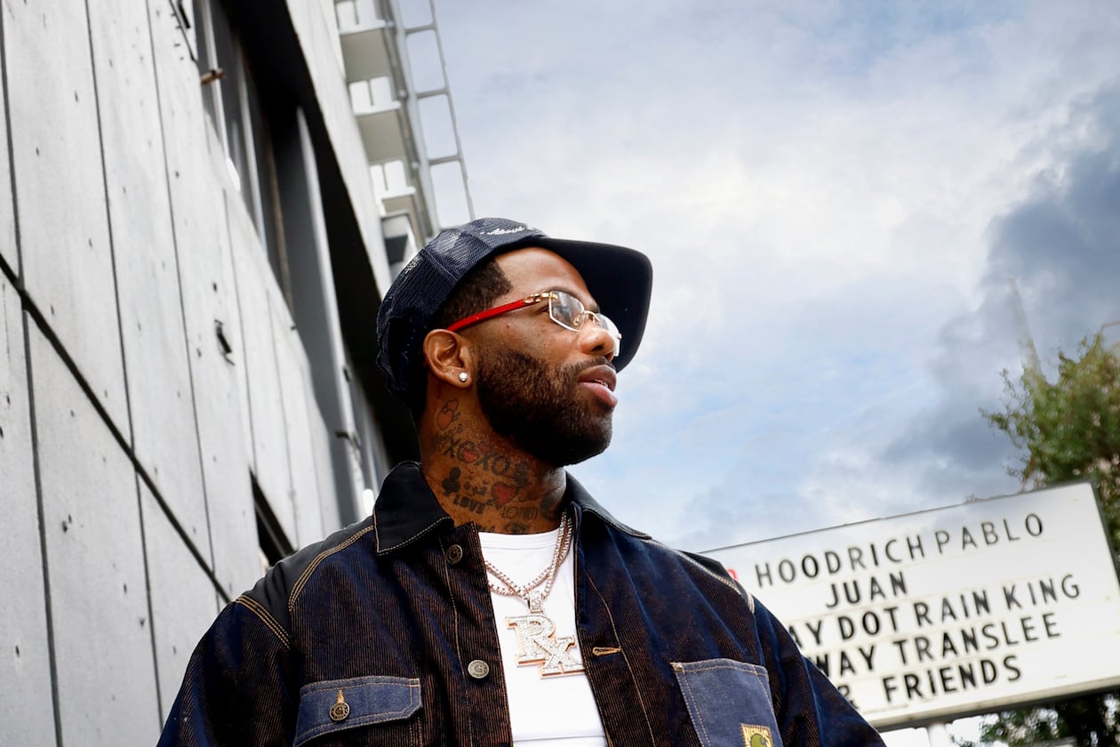Atlanta rapper Hoodrich Pablo Juan poses Saturday, Nov. 29, 2025, outside of Center Stage before his first performance since his recent release from prison. (Akili-Casundria Ramsess, EyeAkili Media for The Atlanta Journal-Constitution)