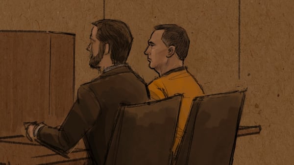 In this courtroom sketch, Vance Boelter, right, who is charged with killing one Minnesota lawmaker and wounding another, is seen at a federal court hearing Monday, June 16, 2025, in St. Paul, Minn. (Cedric Hohnstadt via AP)