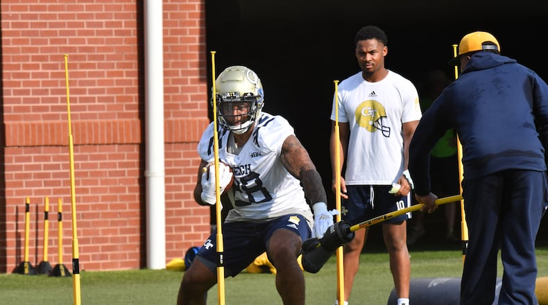 August 6, 2021 Atlanta - Georgia Tech's running back Tony Amerson (28) runs a drill during a football practice at Rose Bowl Field on Georgia Tech Campus in Atlanta on Friday, August 6, 2021. (Hyosub Shin / Hyosub.Shin@ajc.com)