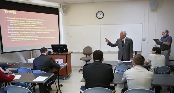 Former Gov. Nathan Deal lectures a class called “Road to Congress” on Thursday, Oct. 17, 2019, at the University of North Georgia in Dahlonega. The state’s Board of Regents approved a proposal earlier this year to make the governor a professor teaching law and politics. 
