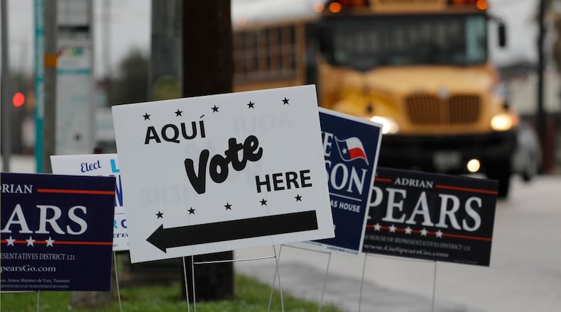 FILE - In this March 2, 2018, file photo, signs mark a polling site as early voting begins, in San Antonio. Democrats in Texas are early voting in bigger numbers ahead of the nation's first primary elections of the 2018 midterms. Turnout figures released Thursday, Feb. 22, 2018, shows more Democrats casting ballots than Republicans since early voting began this week in the nation's biggest conservative state. (AP Photo/Eric Gay, File)