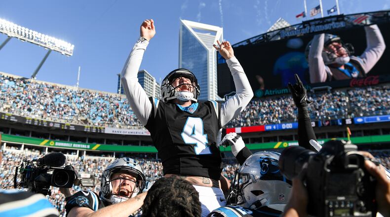 Eddy Pineiro (4) of the Carolina Panthers celebrates after kicking the game-winning field goal during the fourth quarter against the Houston Texans at Bank of America Stadium on Oct. 29, 2023, in Charlotte, North Carolina. (Eakin Howard/Getty Images/TNS)