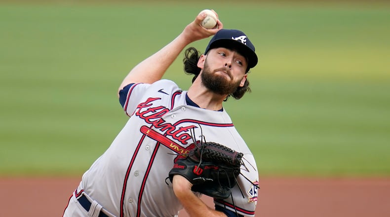 Atlanta Braves starting pitcher Ian Anderson delivers during the first inning of a baseball game against the Atlanta Braves in Pittsburgh, Tuesday, July 6, 2021. (AP Photo/Gene J. Puskar)