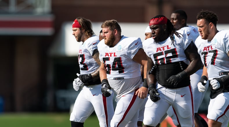 Atlanta Falcons offensive lineman Ryan Neuzil (64) during training camp at the Falcons Training Facility in Flowery Branch, Ga., on Tuesday, August 15, 2023. (Photo by Jay Bendlin/Atlanta Falcons)